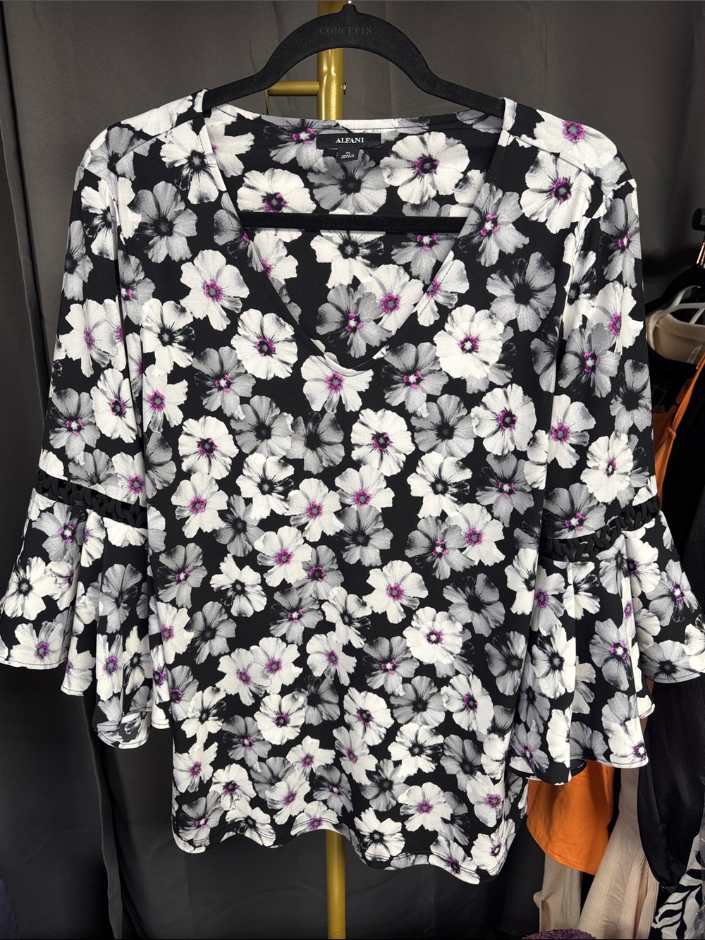 Alfani Black Floral V-Neck Bell Sleeve Blouse with Purple Accents